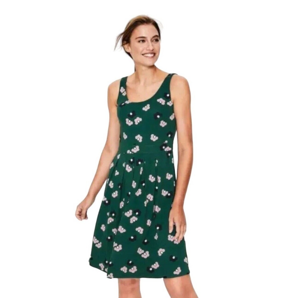 Boden Joanna Ponte Green Fit & Flare Pink Daisy Sleeveless Pleated Dress Sz 4R